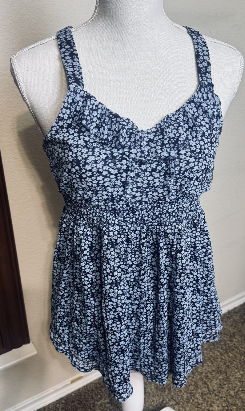 Express Cami Top Navy Blue Ditsy Floral Babydoll Smocked Blouse Peplum sz S
